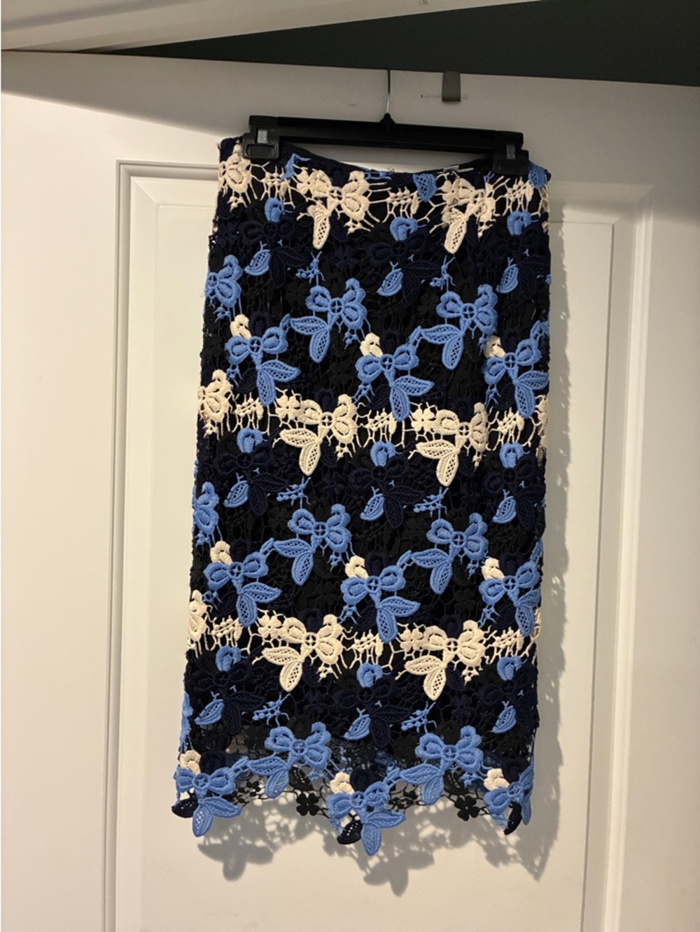 Navy Crochet Lace Pencil Skirt with Blue and Cream Floral Appliqué